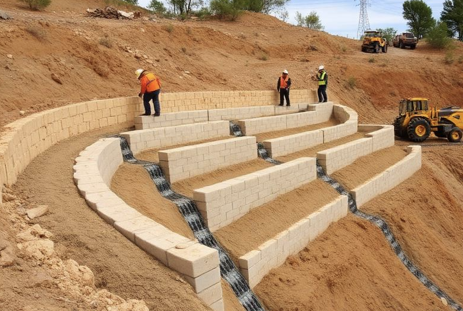 Erosion control and retaining wall drainage construction