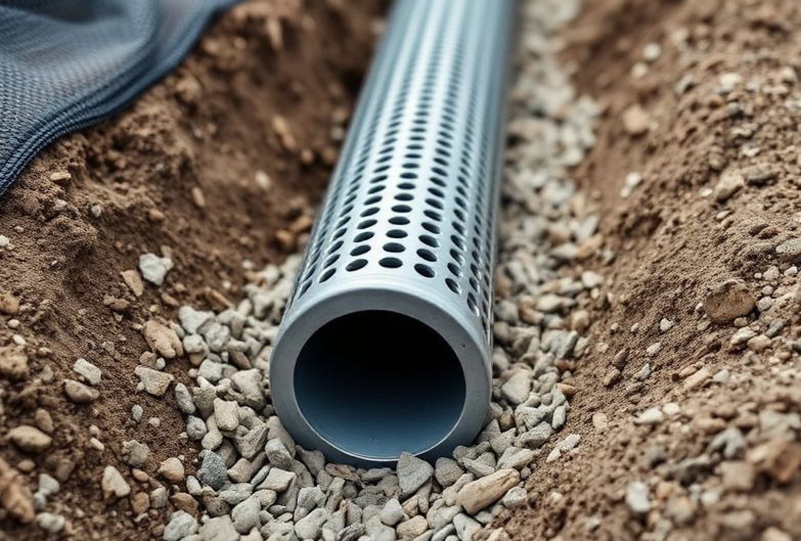 French drain perforated pipe with drainage gravel in trench