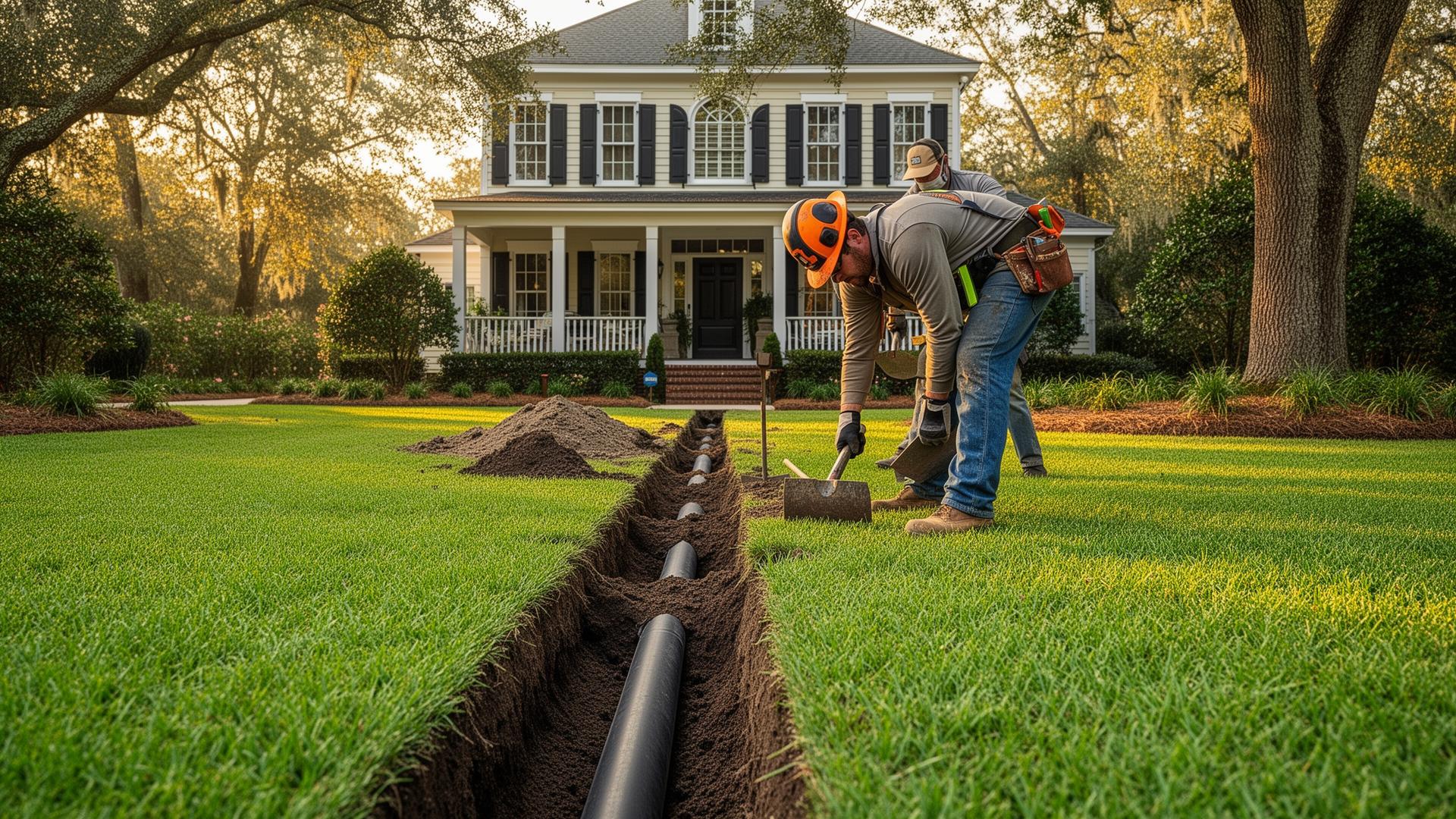 Professional drainage contractor installing French drain in Savannah yard