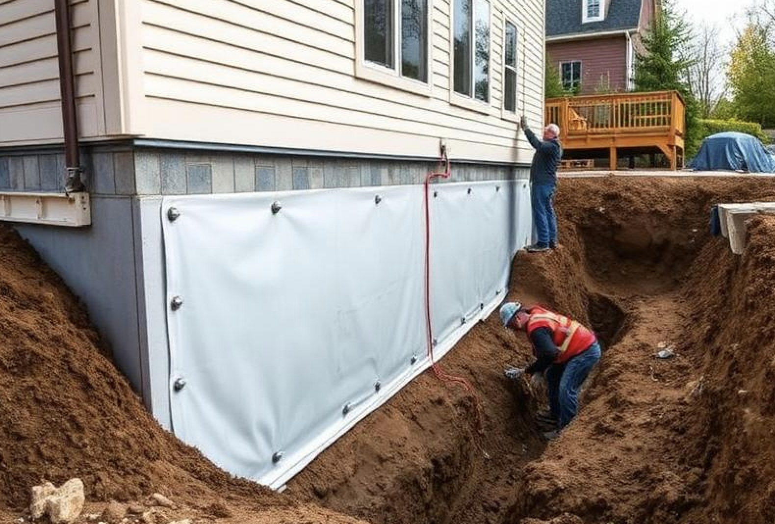 Exterior foundation waterproofing membrane application